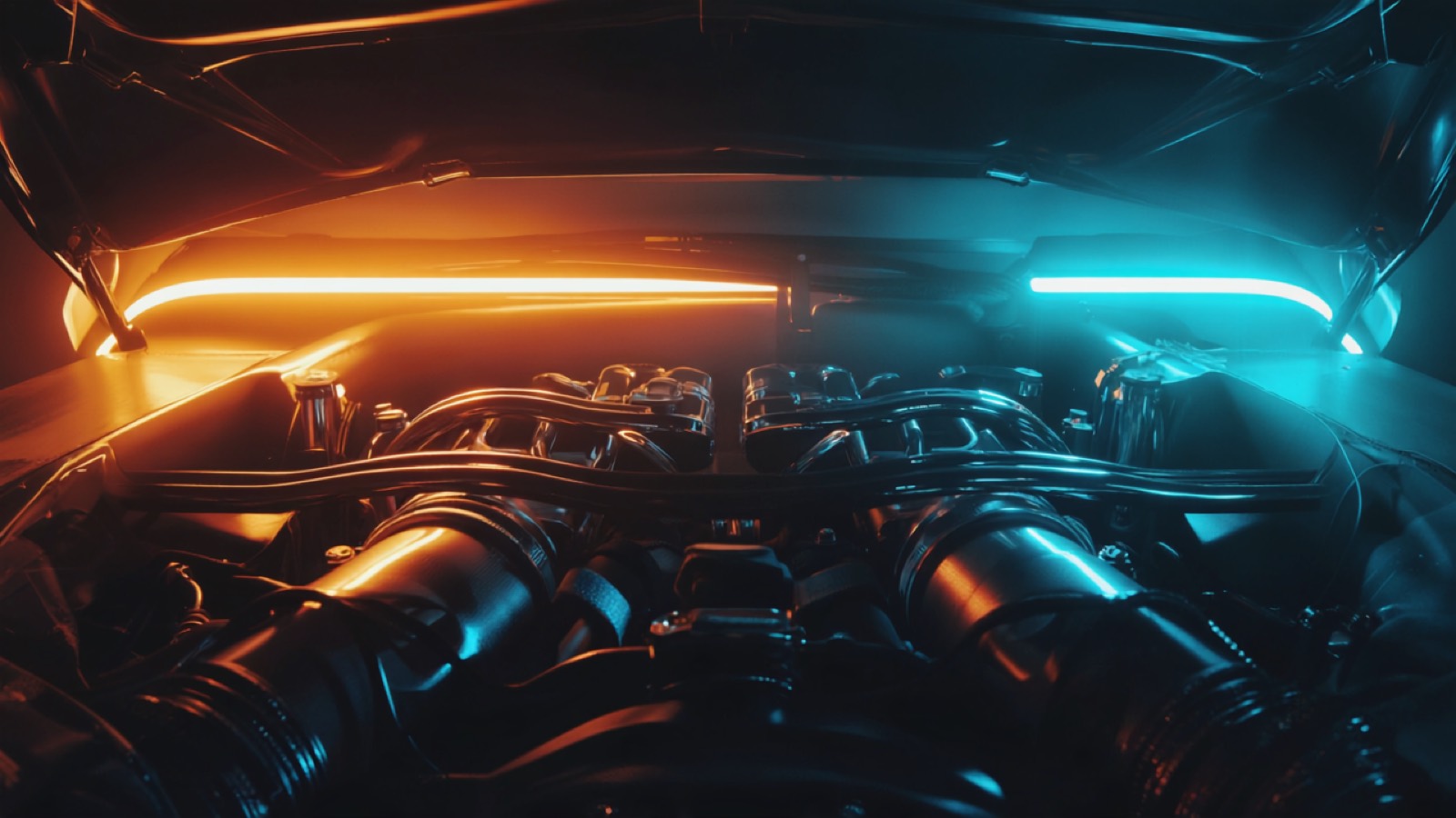 Ein Diagnosegerät am OBD-Anschluss eines Motorraums, im Hintergrund ein moderner Turbomotor mit Ladeluftschläuchen